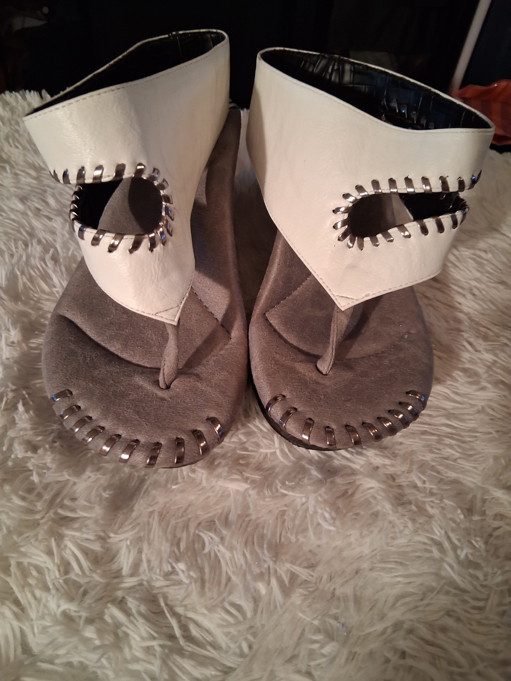 Women’s Wedge Sandals in White and Gray with Metallic Trim